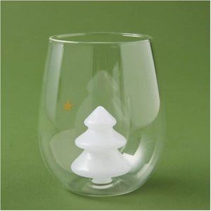 Anthropologie Yuletide Stemless Wine Glass with White Evergreen Tree –NWT in box